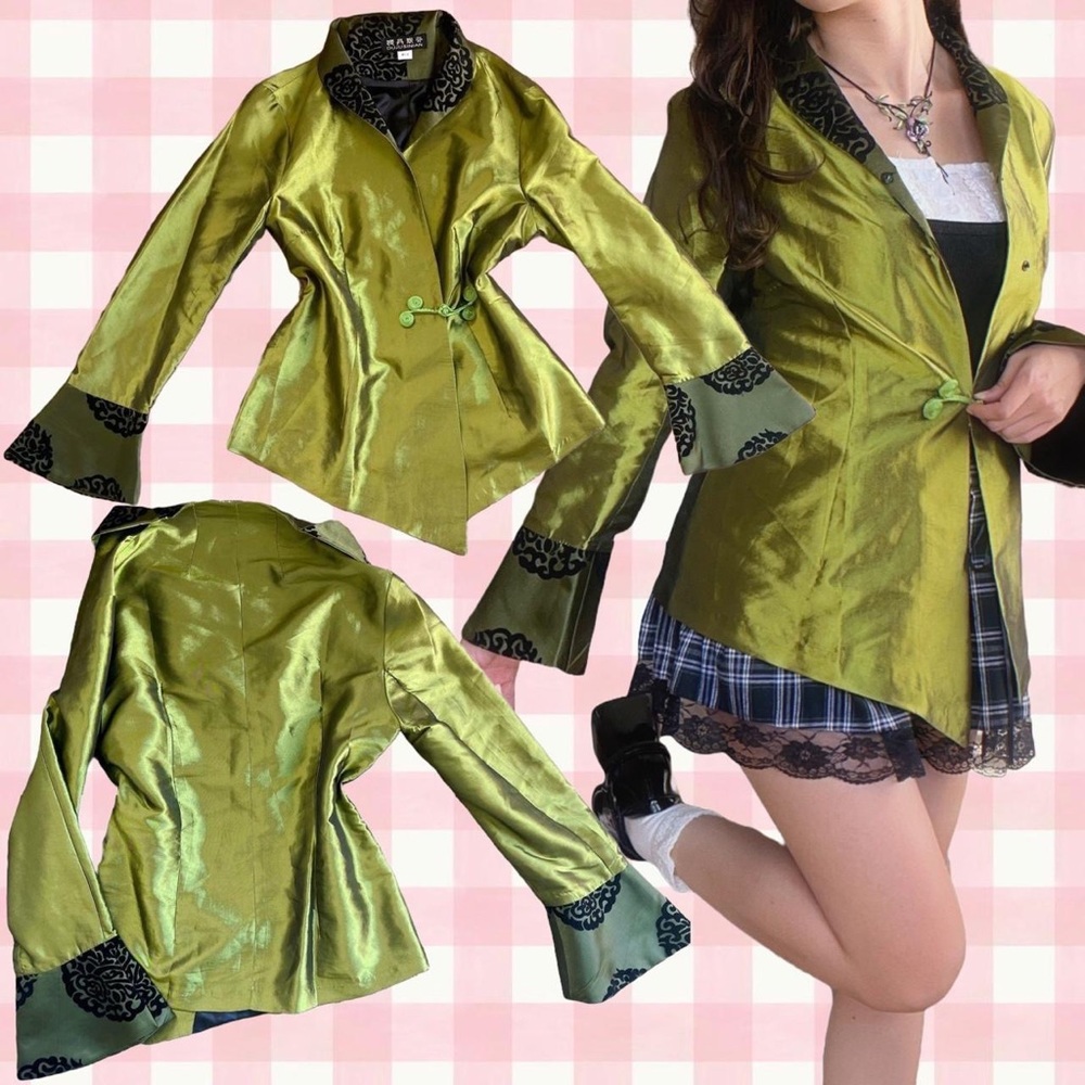 Vintage Asian Inspired Fairycore Green Blazer with Bell Sleeves and High Collar